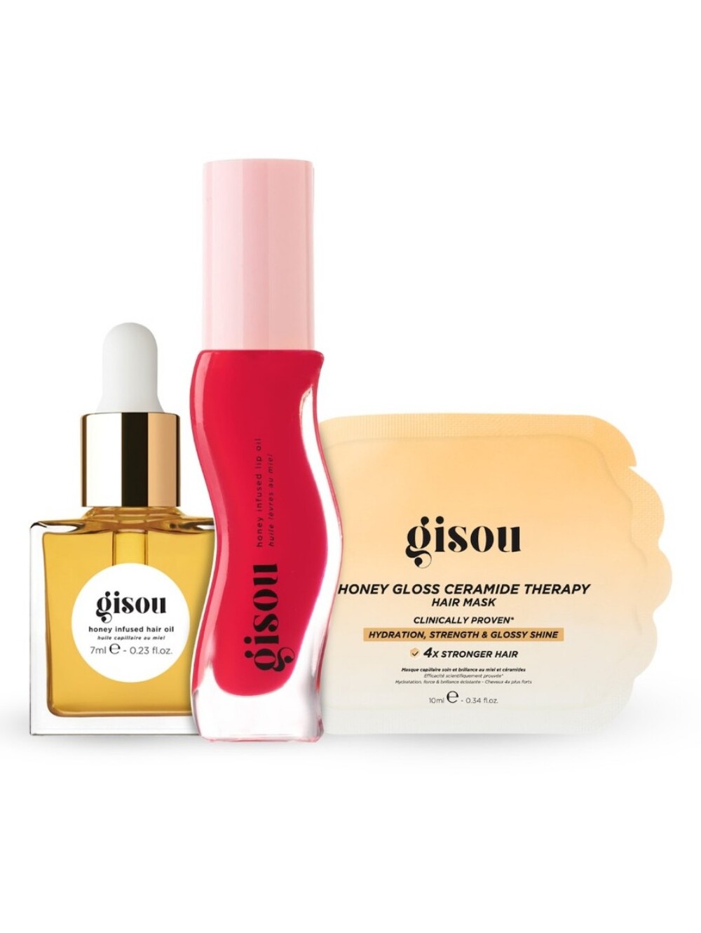 Gisou Honey Hair Oil, Honey Hair Mask & FULL SIZE Lip Oil in ‘Strawberry Sorbet’